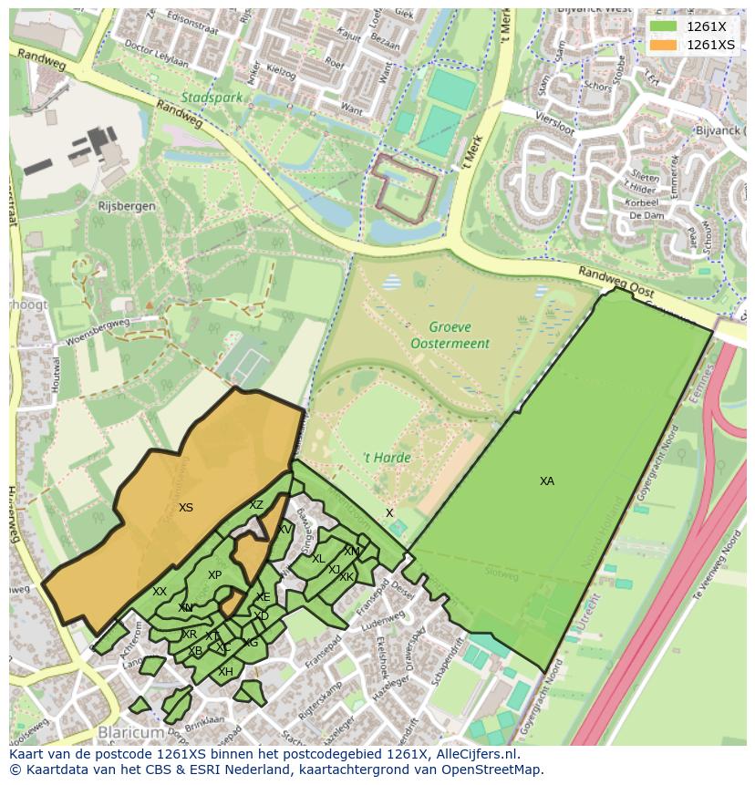 Afbeelding van het postcodegebied 1261 XS op de kaart.