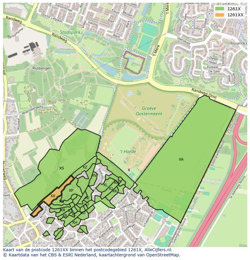Afbeelding van het postcodegebied 1261 XX op de kaart.
