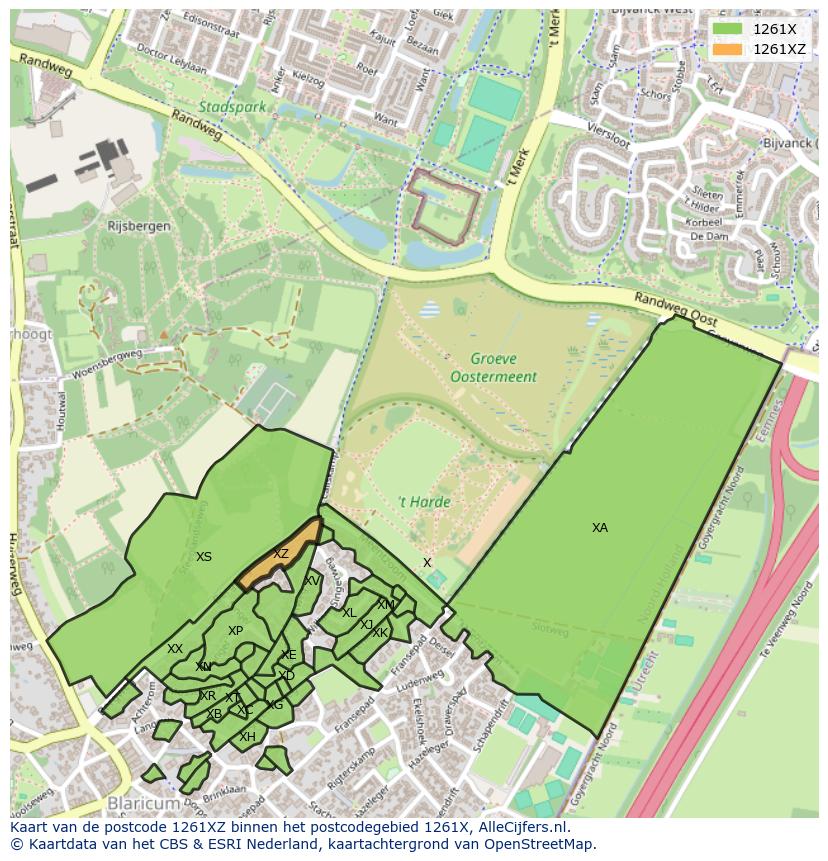Afbeelding van het postcodegebied 1261 XZ op de kaart.