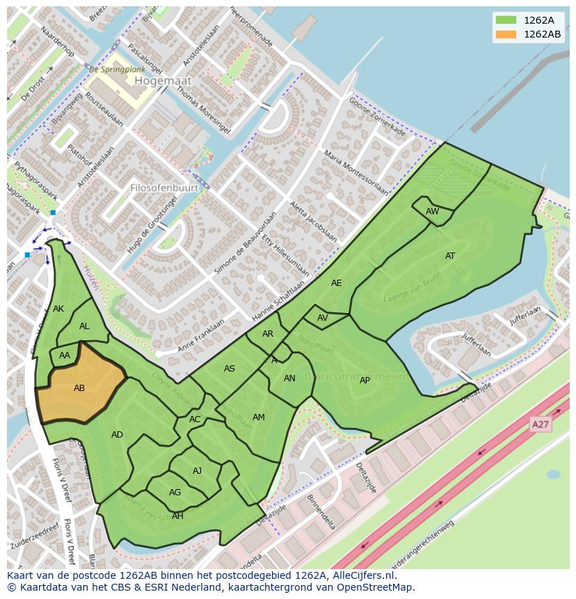 Afbeelding van het postcodegebied 1262 AB op de kaart.