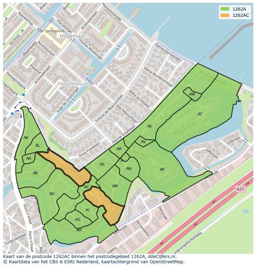 Afbeelding van het postcodegebied 1262 AC op de kaart.