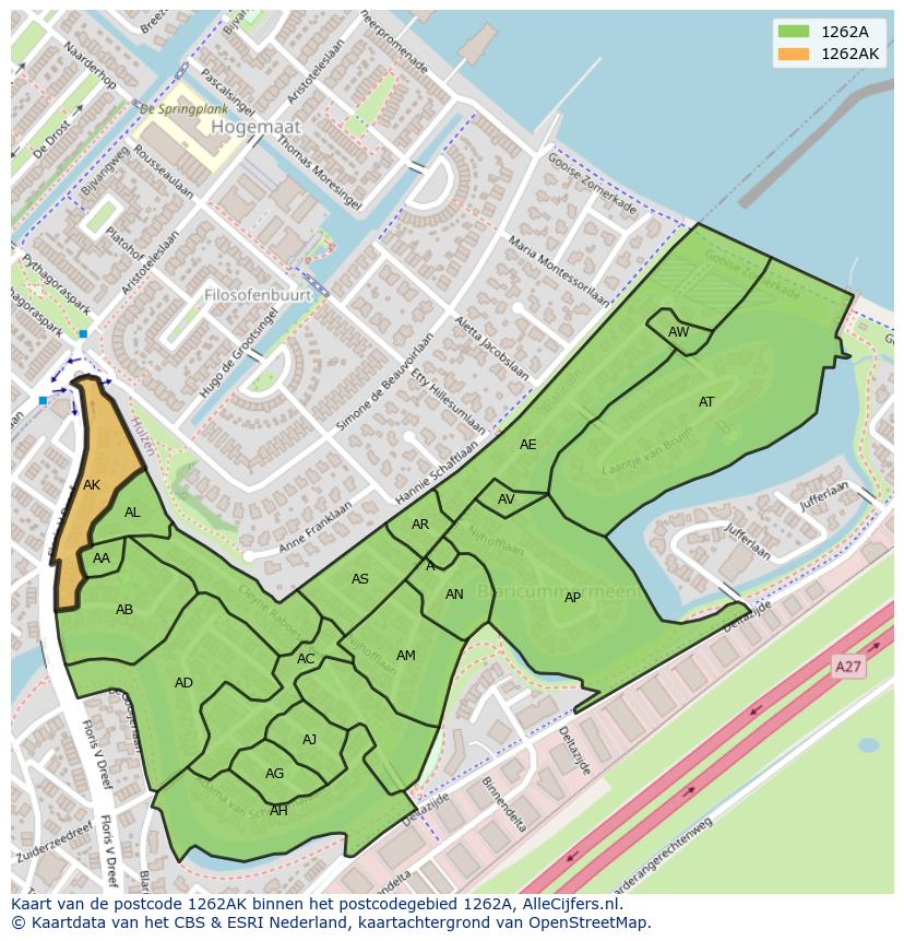 Afbeelding van het postcodegebied 1262 AK op de kaart.