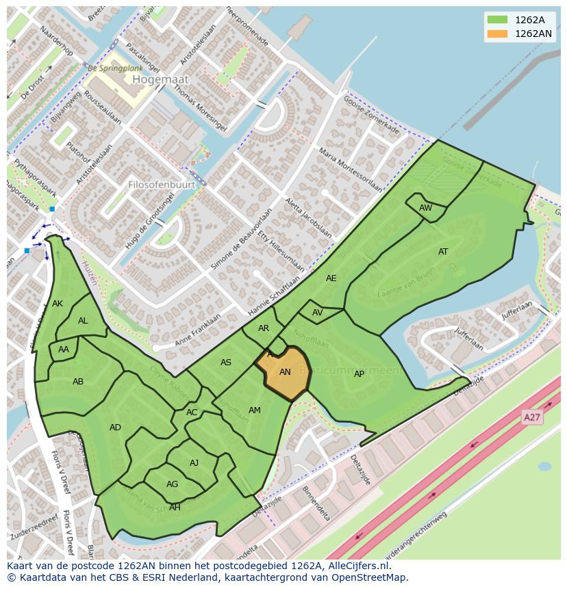 Afbeelding van het postcodegebied 1262 AN op de kaart.