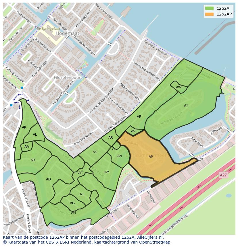 Afbeelding van het postcodegebied 1262 AP op de kaart.