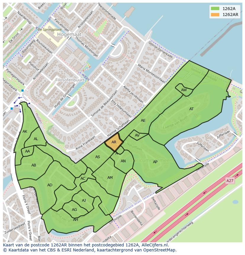 Afbeelding van het postcodegebied 1262 AR op de kaart.