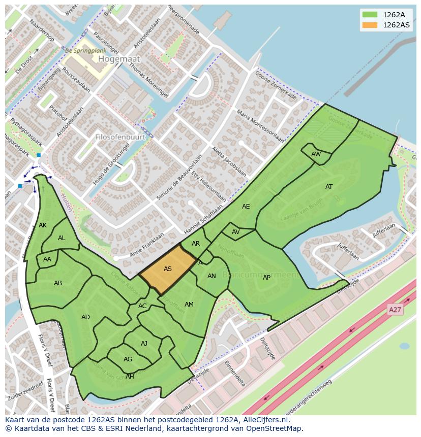Afbeelding van het postcodegebied 1262 AS op de kaart.