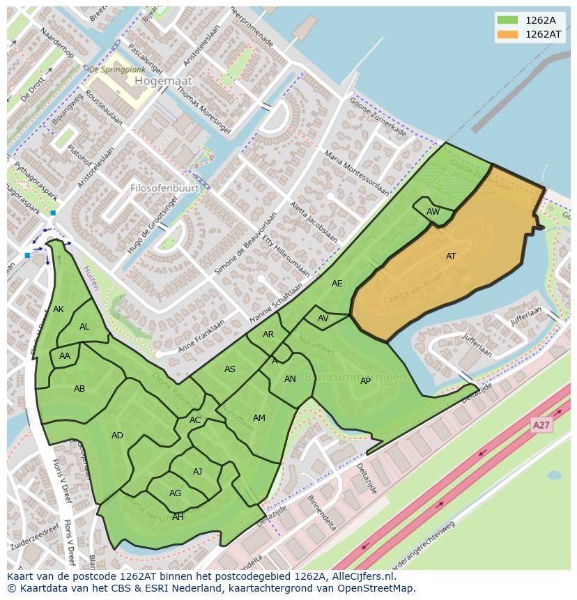Afbeelding van het postcodegebied 1262 AT op de kaart.