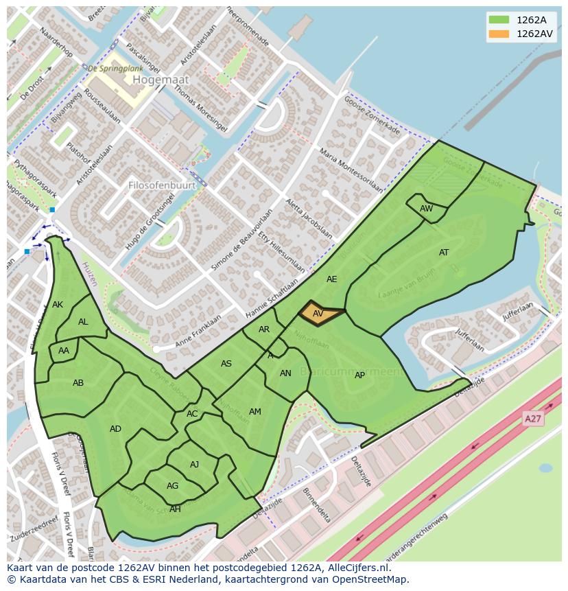 Afbeelding van het postcodegebied 1262 AV op de kaart.