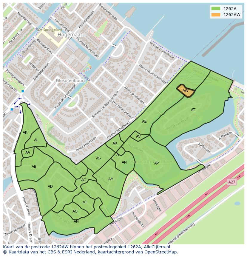 Afbeelding van het postcodegebied 1262 AW op de kaart.