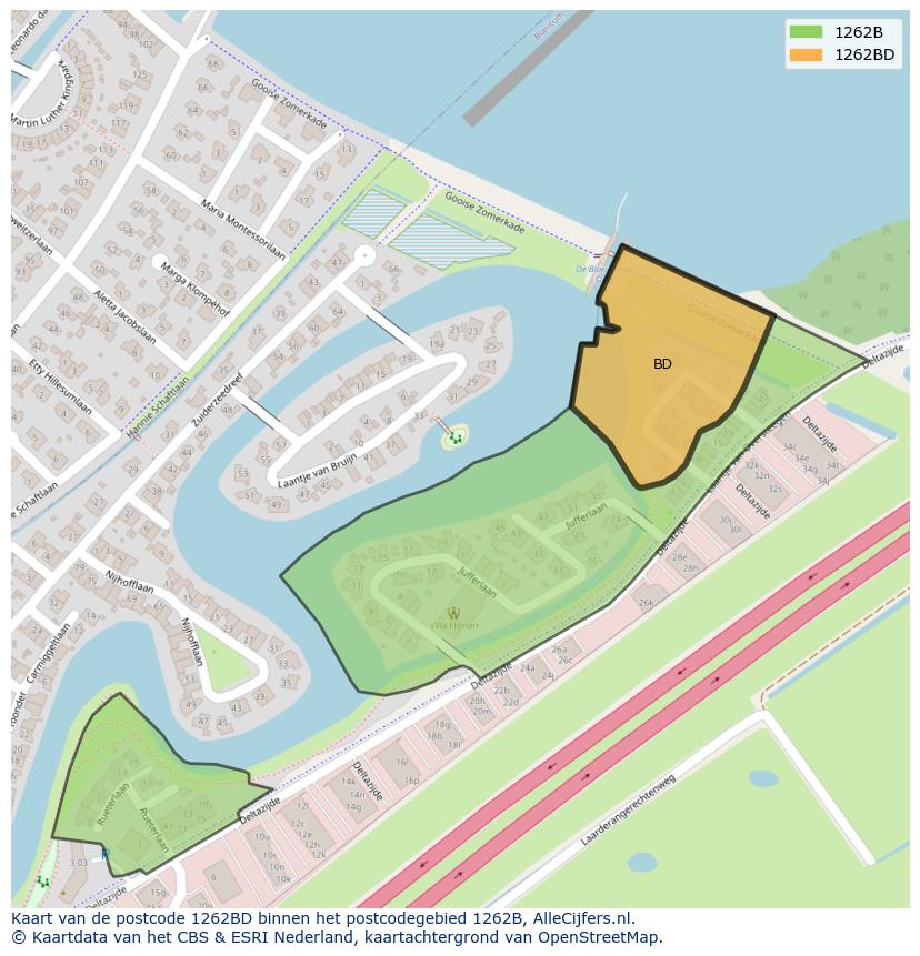 Afbeelding van het postcodegebied 1262 BD op de kaart.