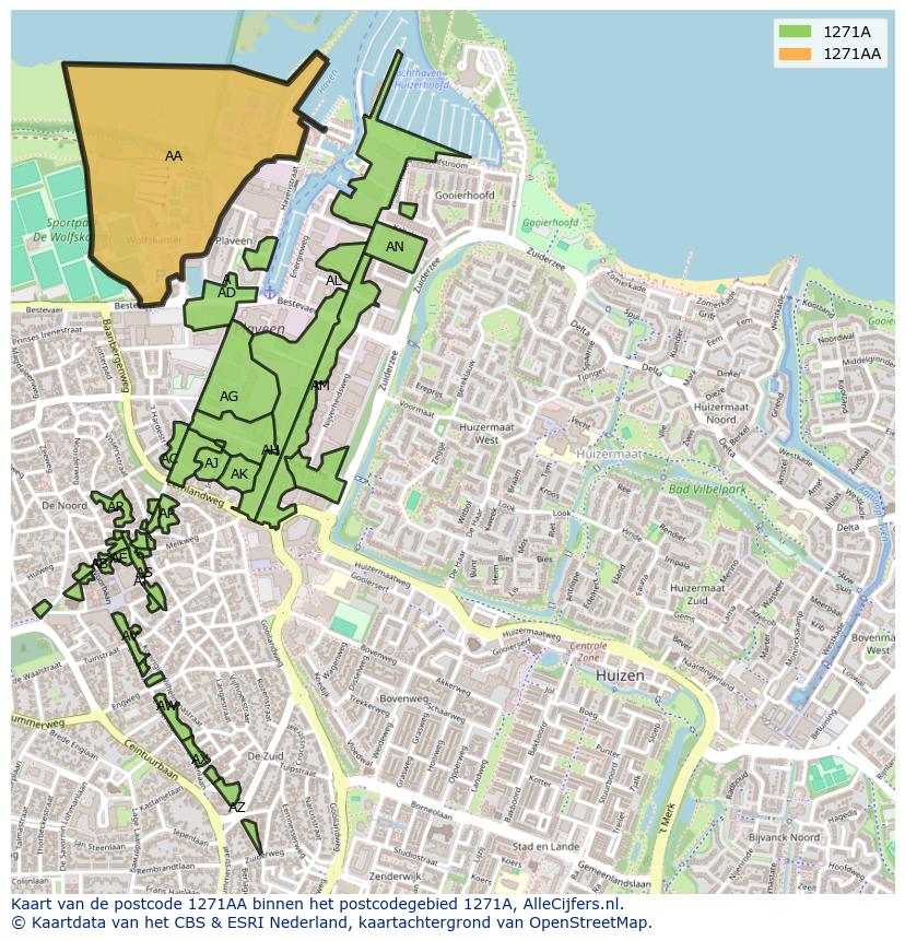 Afbeelding van het postcodegebied 1271 AA op de kaart.