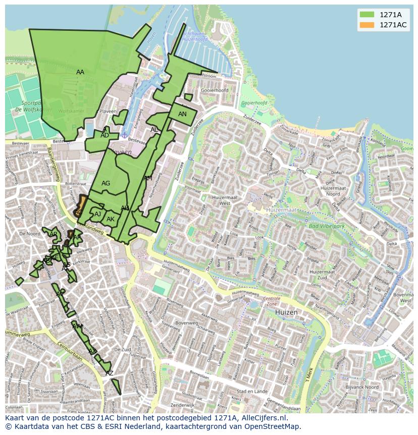 Afbeelding van het postcodegebied 1271 AC op de kaart.