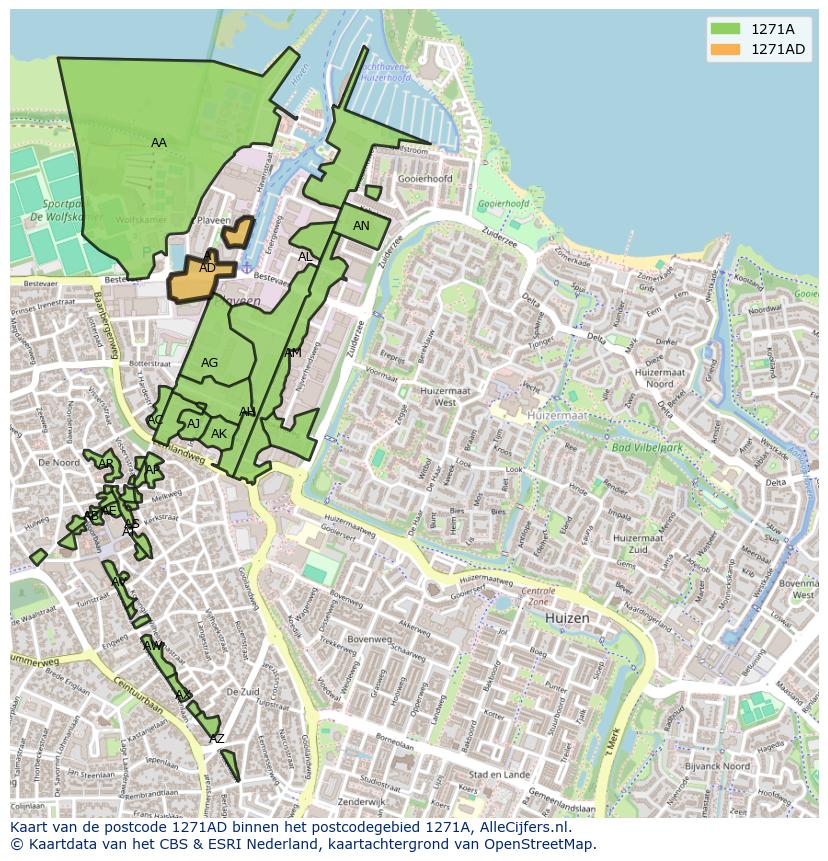 Afbeelding van het postcodegebied 1271 AD op de kaart.