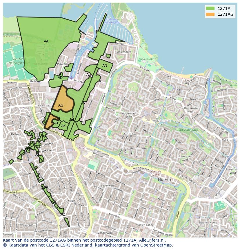 Afbeelding van het postcodegebied 1271 AG op de kaart.