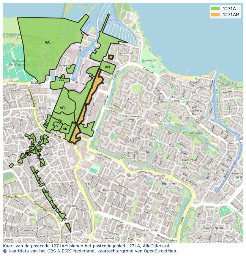 Afbeelding van het postcodegebied 1271 AM op de kaart.