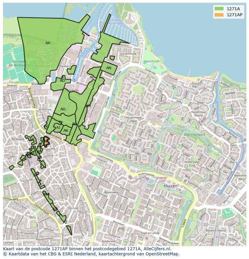 Afbeelding van het postcodegebied 1271 AP op de kaart.