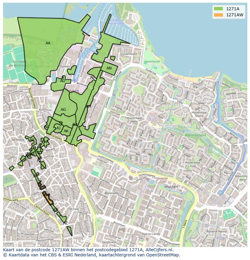 Afbeelding van het postcodegebied 1271 AW op de kaart.