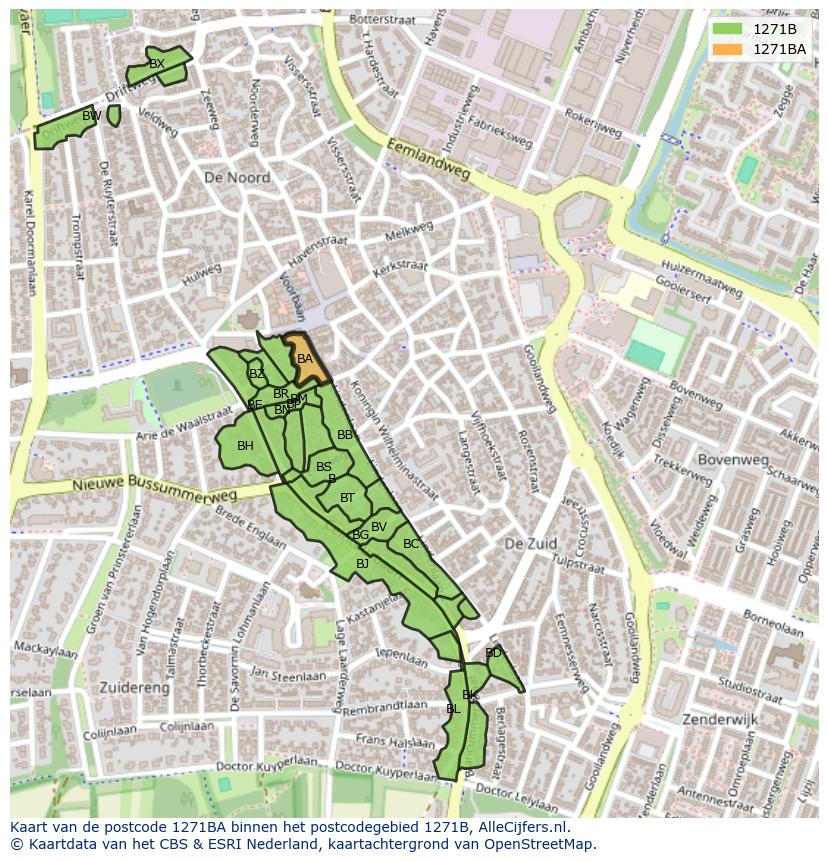 Afbeelding van het postcodegebied 1271 BA op de kaart.
