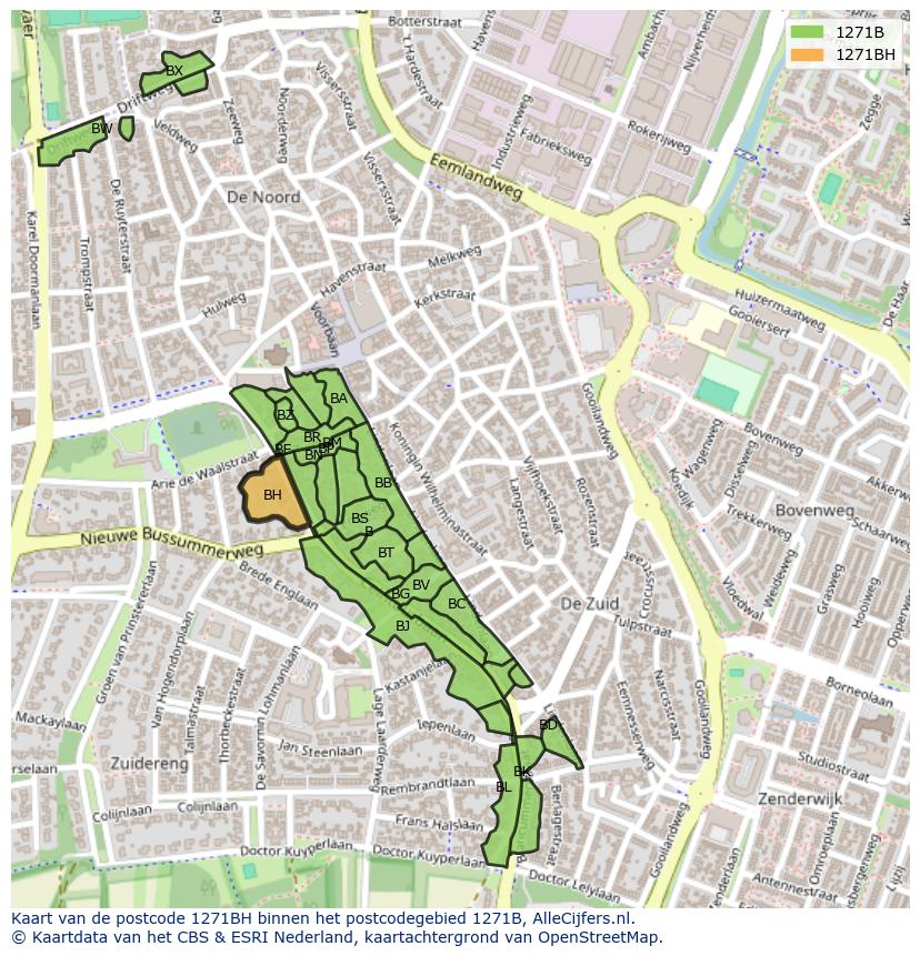 Afbeelding van het postcodegebied 1271 BH op de kaart.