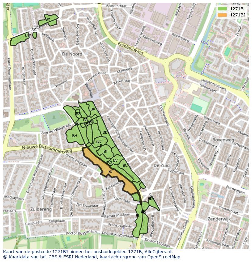 Afbeelding van het postcodegebied 1271 BJ op de kaart.
