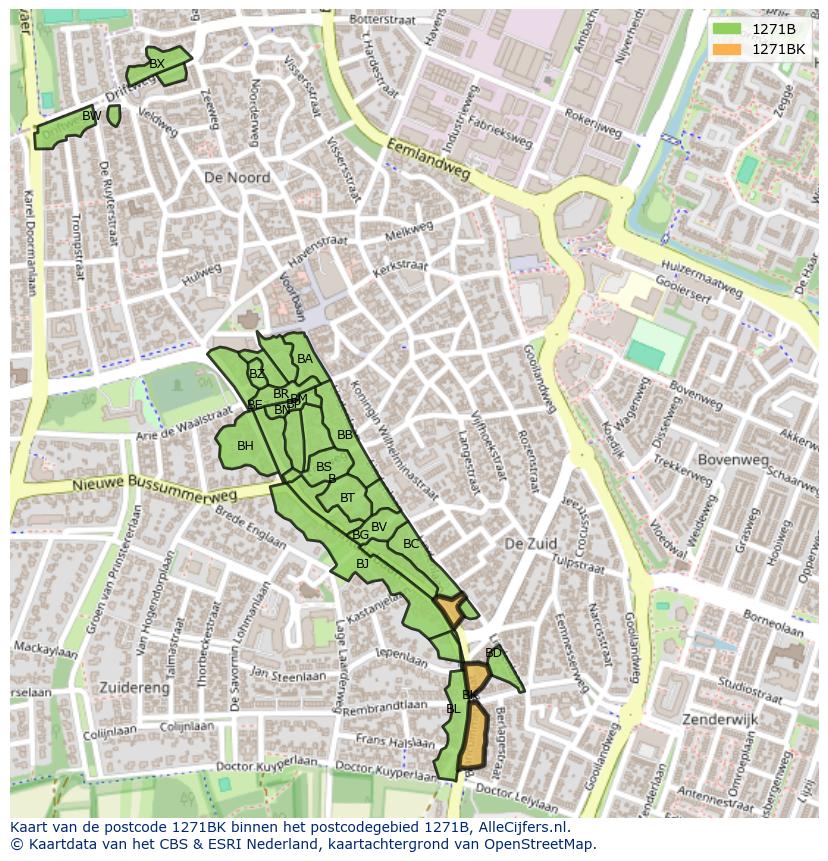 Afbeelding van het postcodegebied 1271 BK op de kaart.