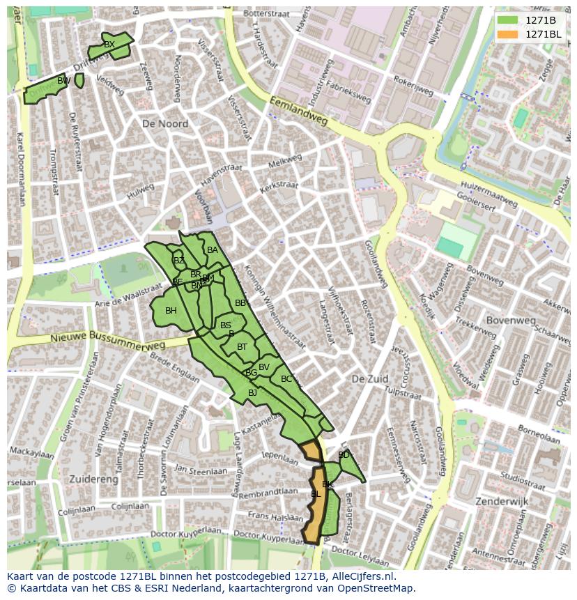 Afbeelding van het postcodegebied 1271 BL op de kaart.