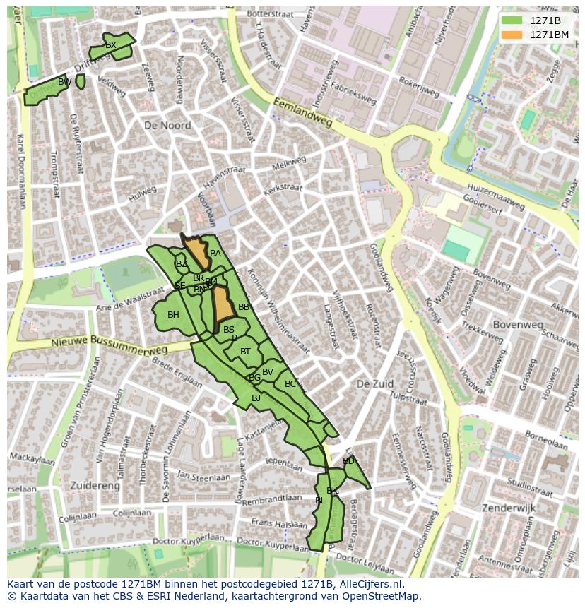 Afbeelding van het postcodegebied 1271 BM op de kaart.