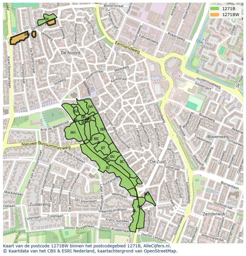 Afbeelding van het postcodegebied 1271 BW op de kaart.