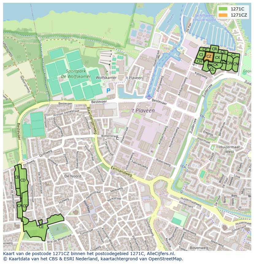 Afbeelding van het postcodegebied 1271 CZ op de kaart.