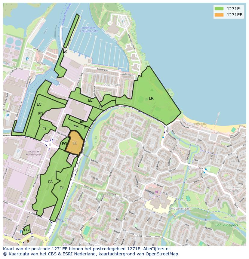 Afbeelding van het postcodegebied 1271 EE op de kaart.