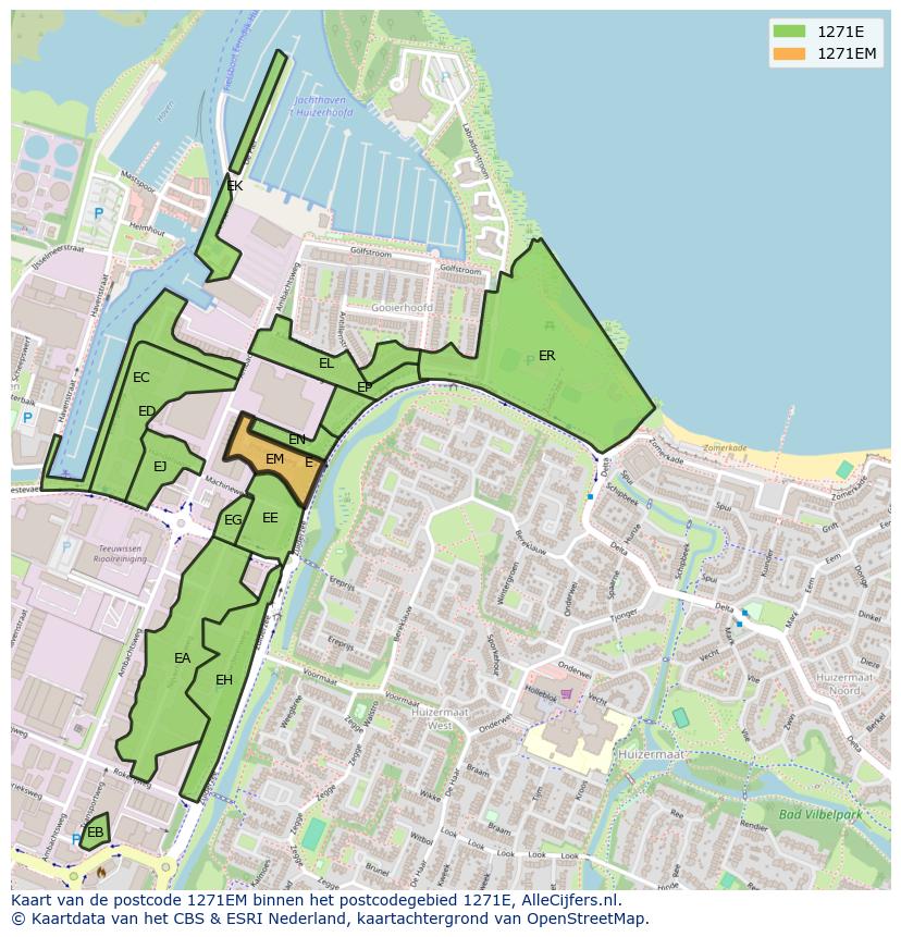 Afbeelding van het postcodegebied 1271 EM op de kaart.