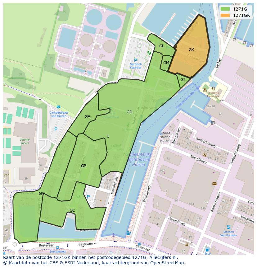 Afbeelding van het postcodegebied 1271 GK op de kaart.