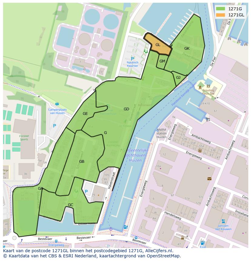 Afbeelding van het postcodegebied 1271 GL op de kaart.