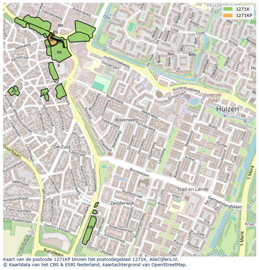 Afbeelding van het postcodegebied 1271 KP op de kaart.