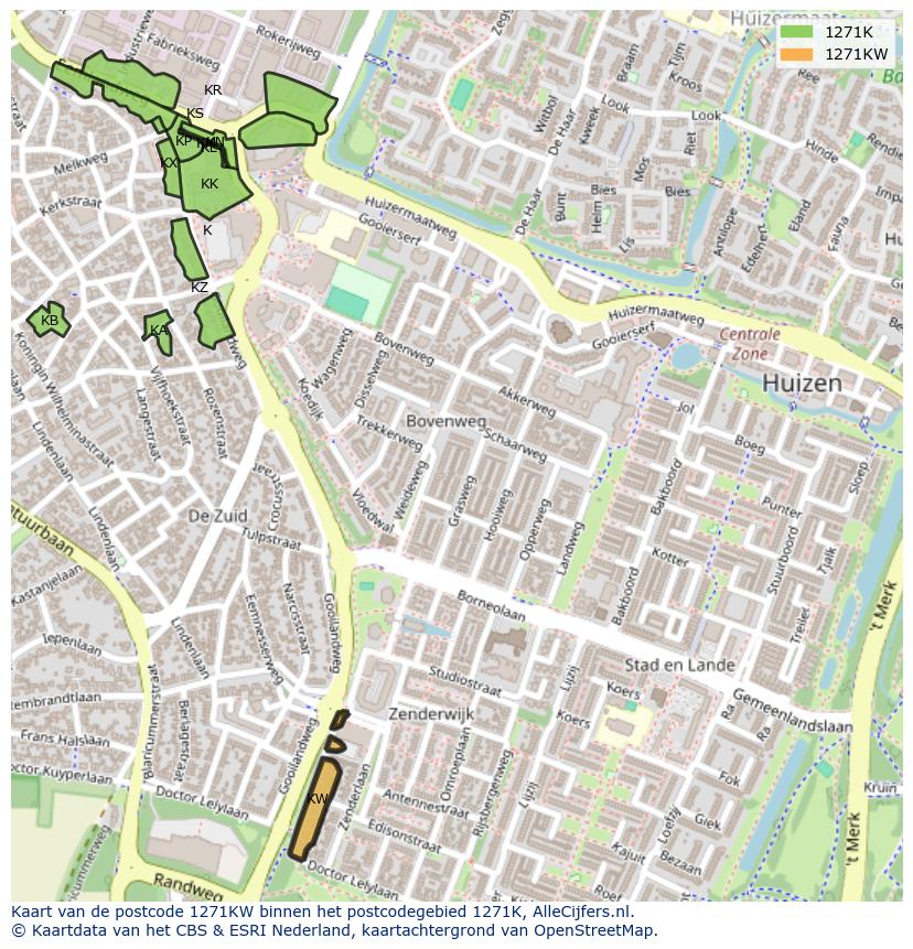 Afbeelding van het postcodegebied 1271 KW op de kaart.