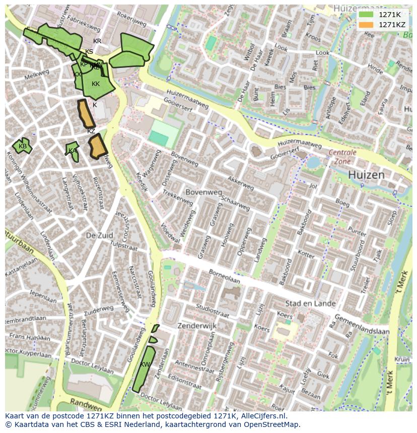 Afbeelding van het postcodegebied 1271 KZ op de kaart.