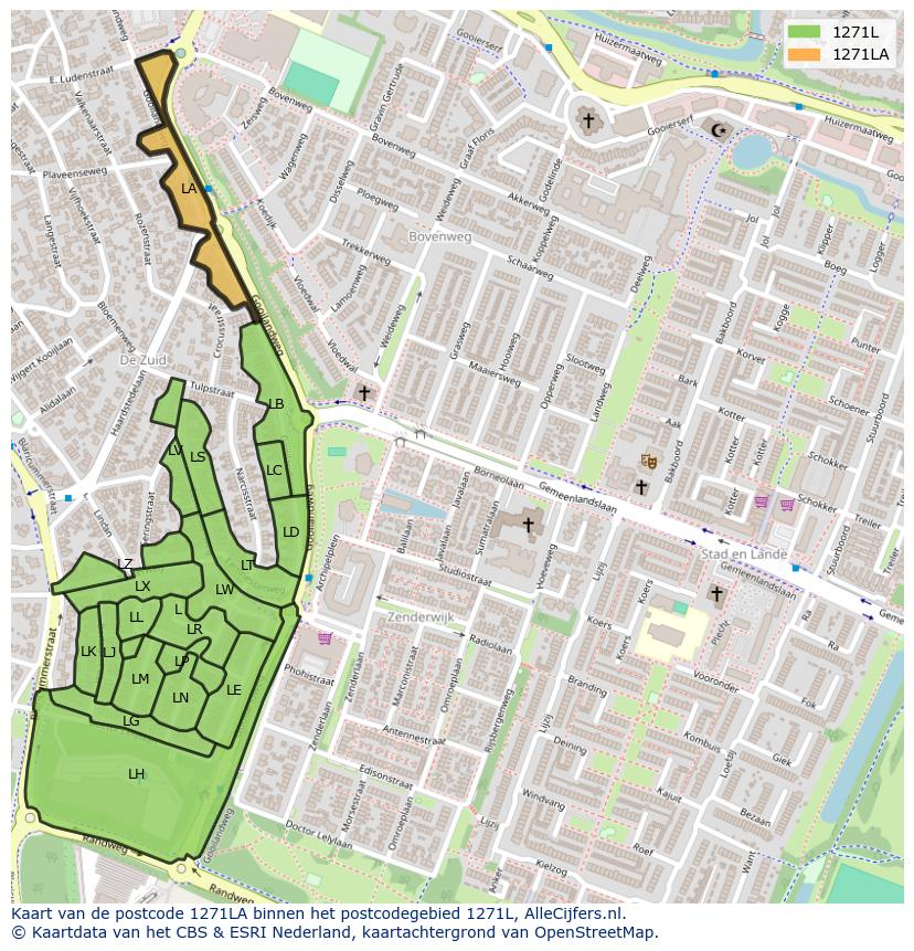 Afbeelding van het postcodegebied 1271 LA op de kaart.