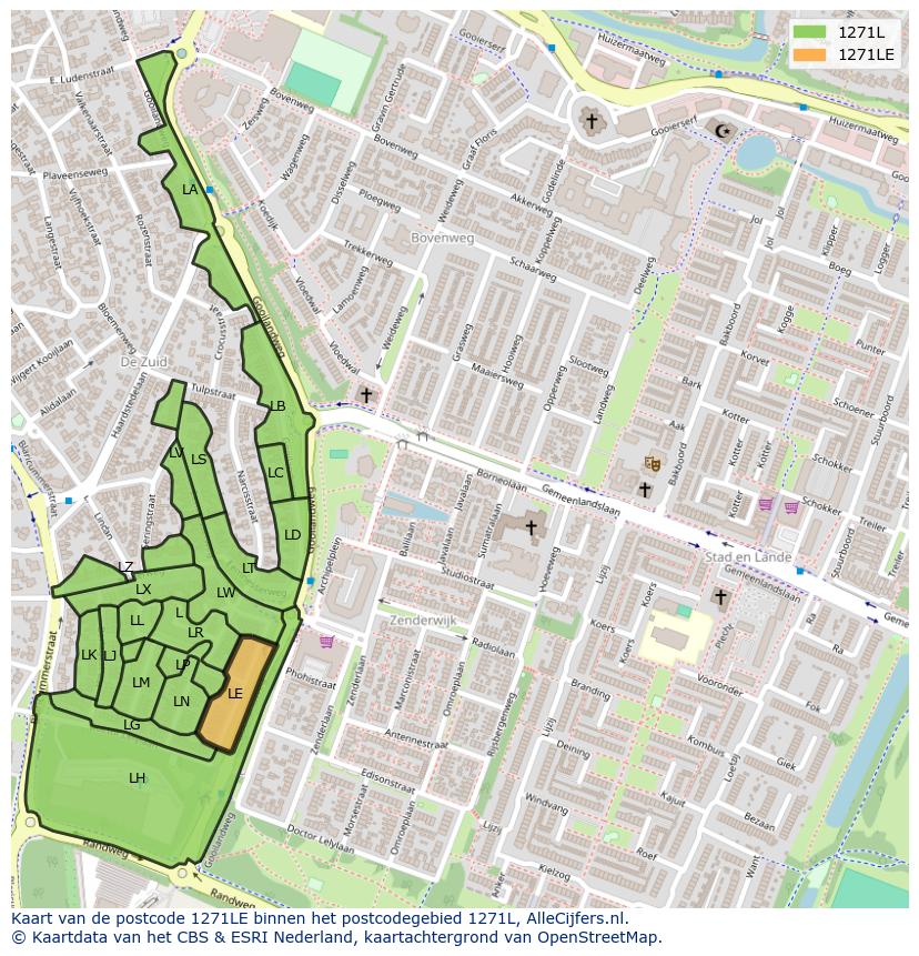 Afbeelding van het postcodegebied 1271 LE op de kaart.