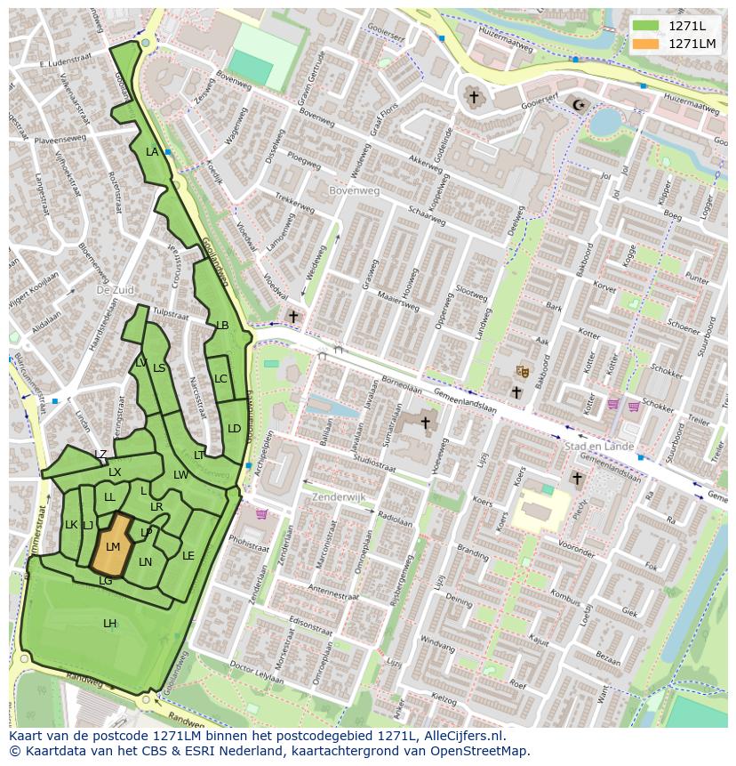 Afbeelding van het postcodegebied 1271 LM op de kaart.