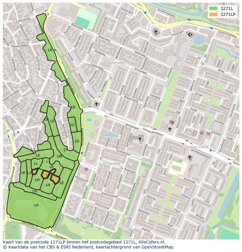 Afbeelding van het postcodegebied 1271 LP op de kaart.