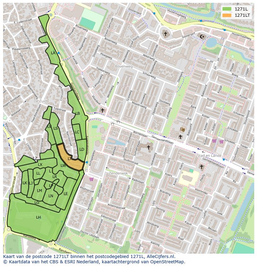 Afbeelding van het postcodegebied 1271 LT op de kaart.
