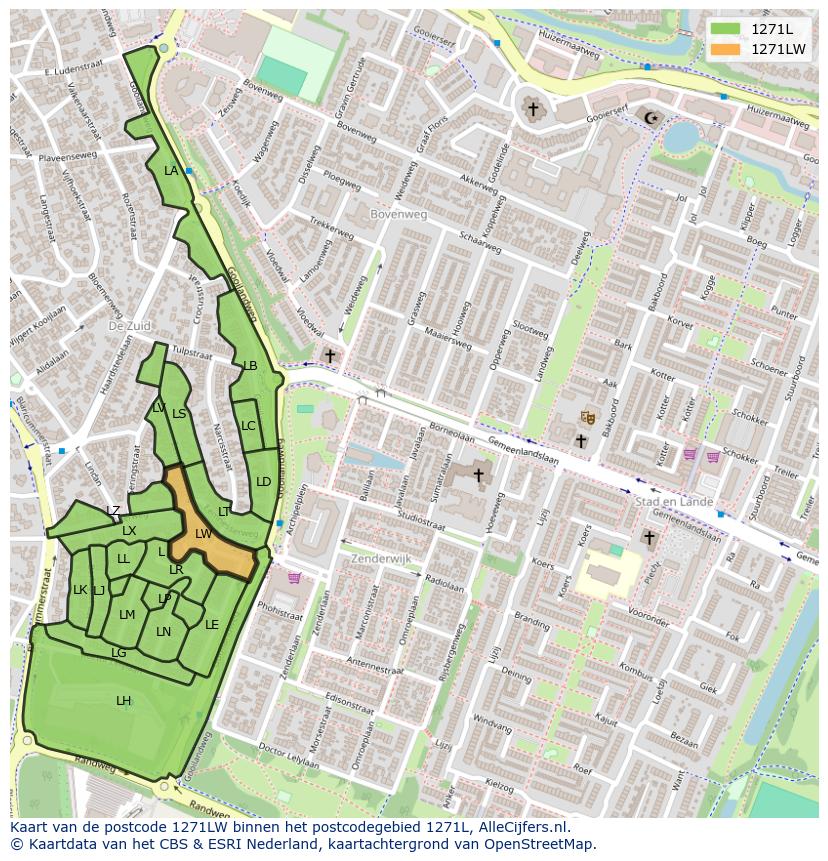 Afbeelding van het postcodegebied 1271 LW op de kaart.