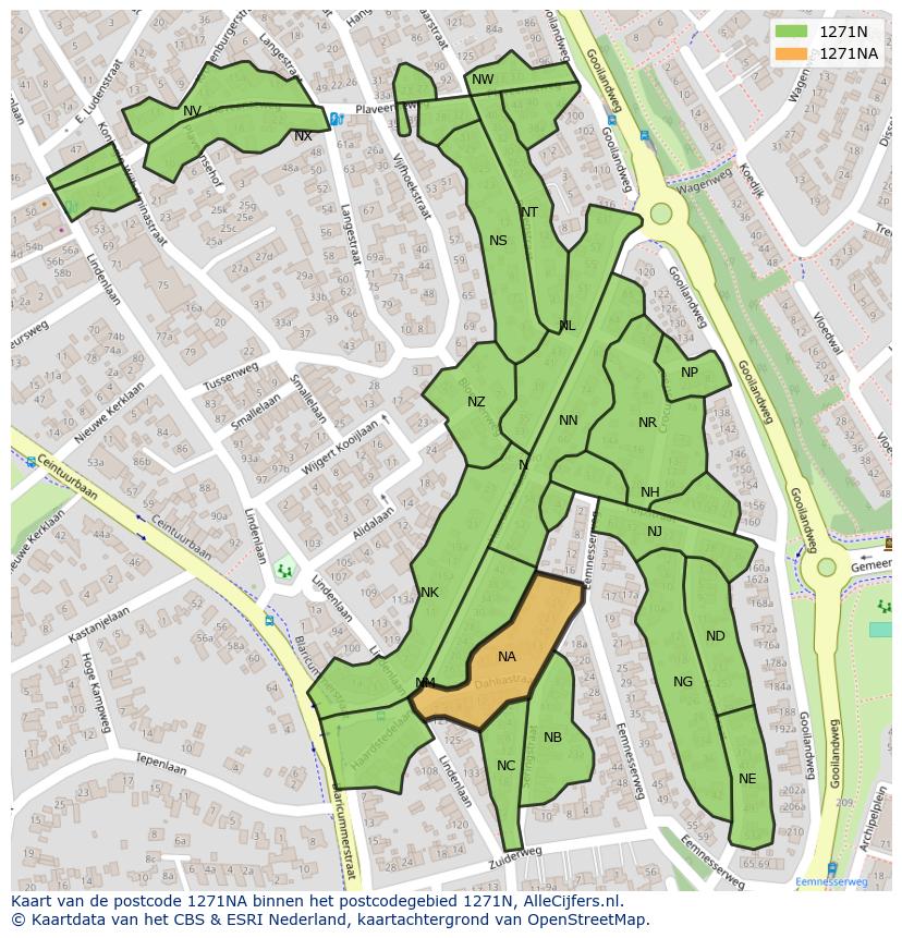 Afbeelding van het postcodegebied 1271 NA op de kaart.