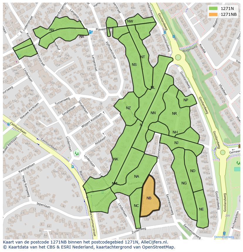 Afbeelding van het postcodegebied 1271 NB op de kaart.