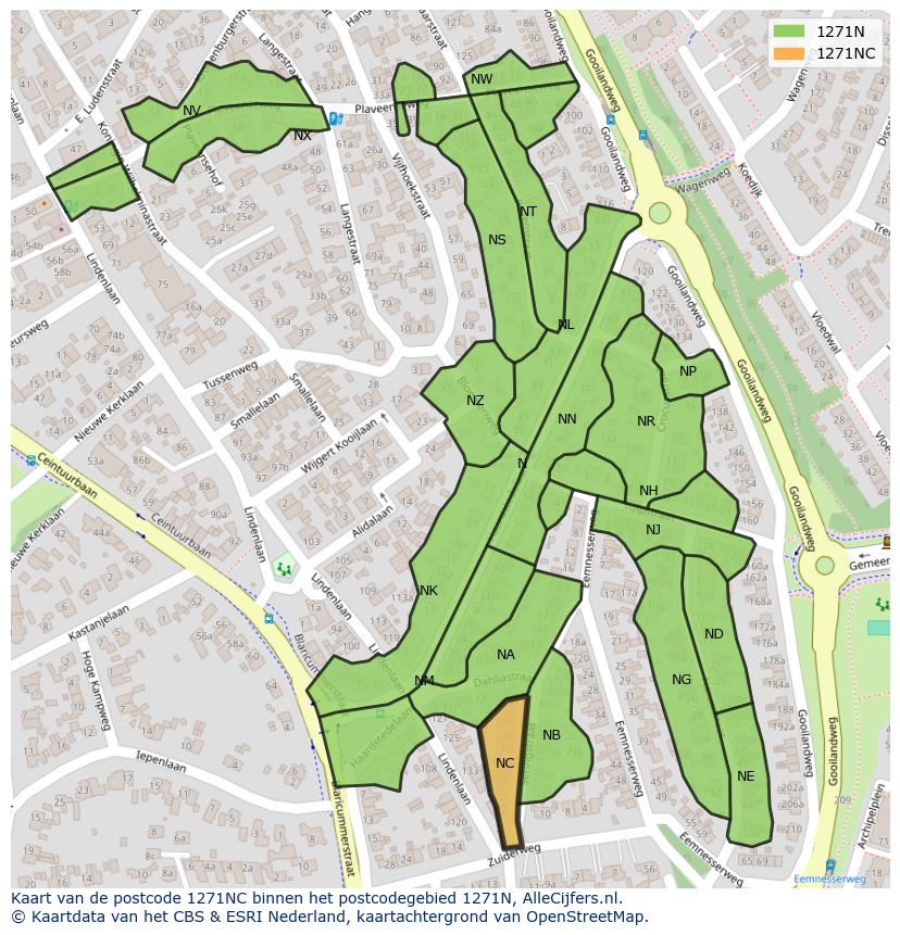 Afbeelding van het postcodegebied 1271 NC op de kaart.