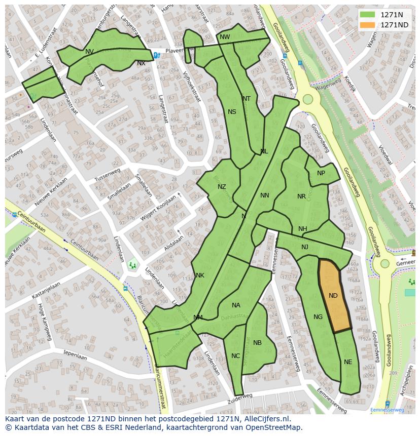 Afbeelding van het postcodegebied 1271 ND op de kaart.