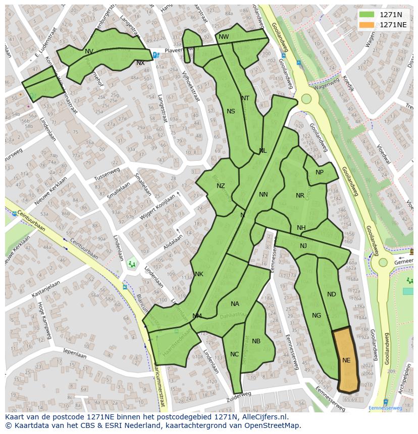 Afbeelding van het postcodegebied 1271 NE op de kaart.