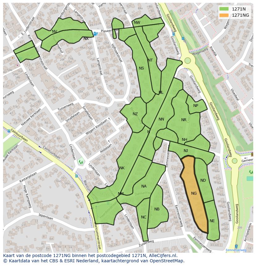 Afbeelding van het postcodegebied 1271 NG op de kaart.
