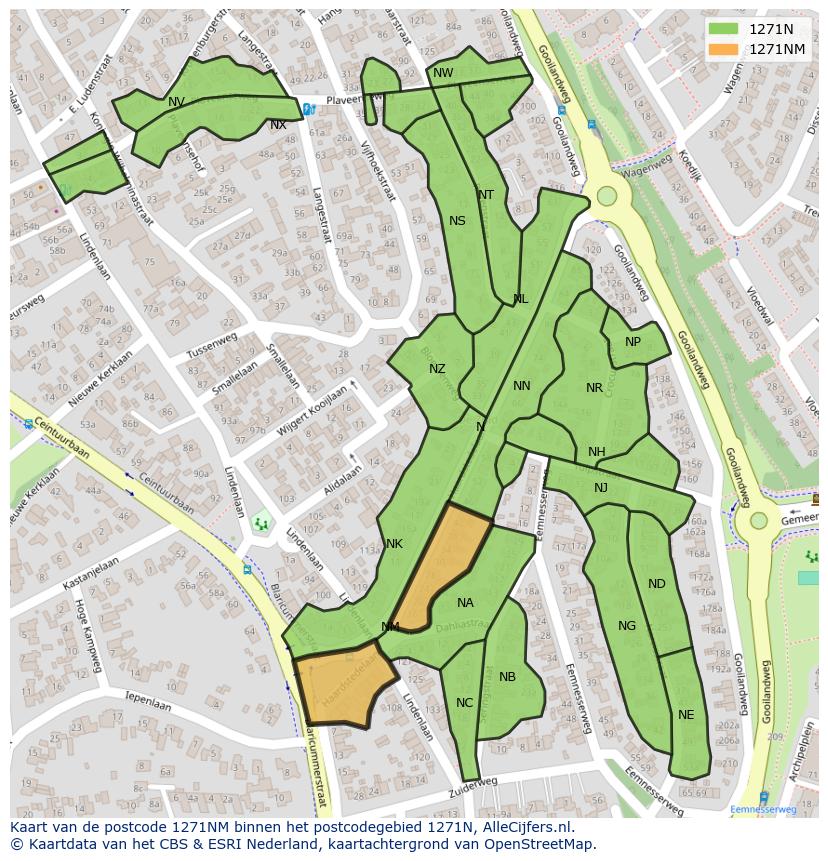 Afbeelding van het postcodegebied 1271 NM op de kaart.