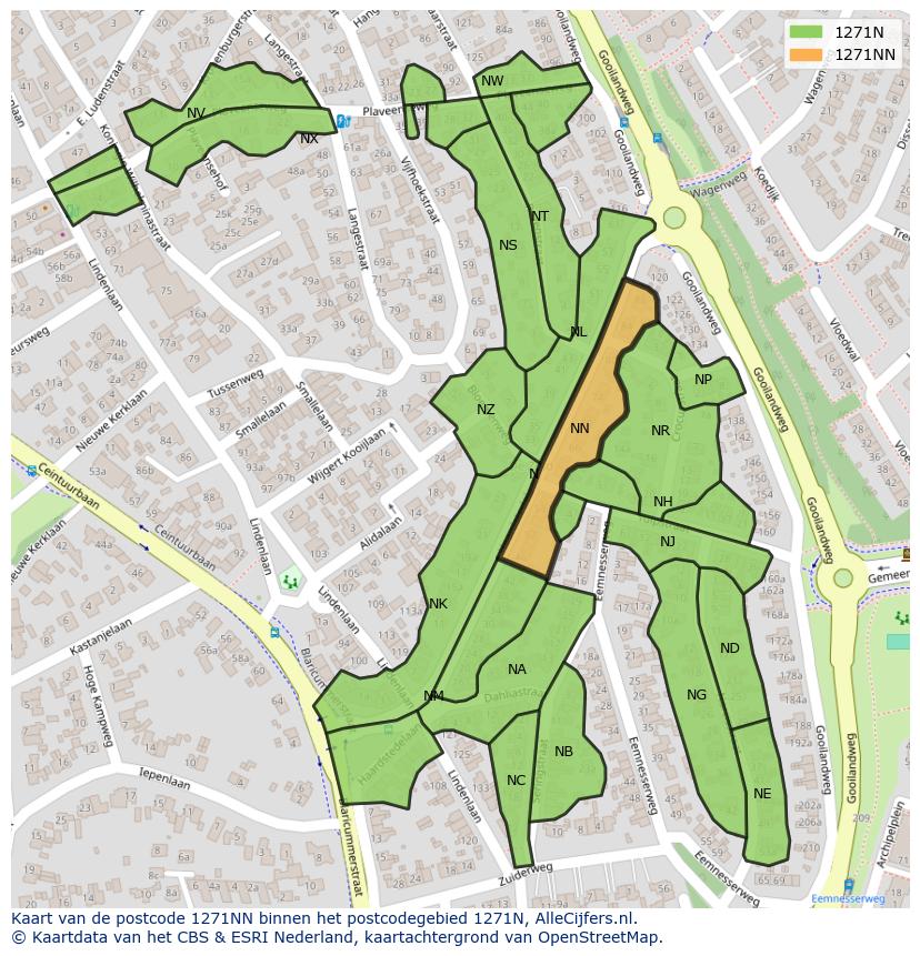 Afbeelding van het postcodegebied 1271 NN op de kaart.